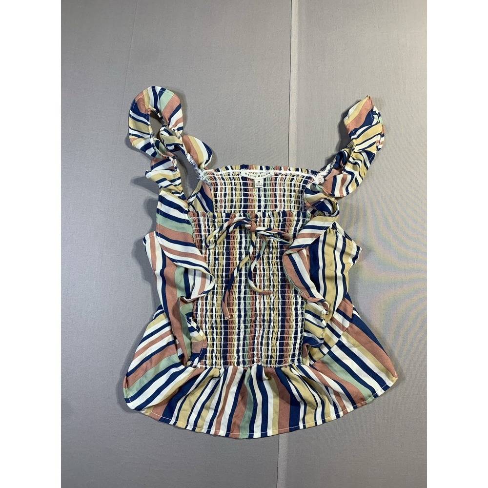 Haute Monde Striped Smocked Peplum Tank Top Womens M Tie Shoulder